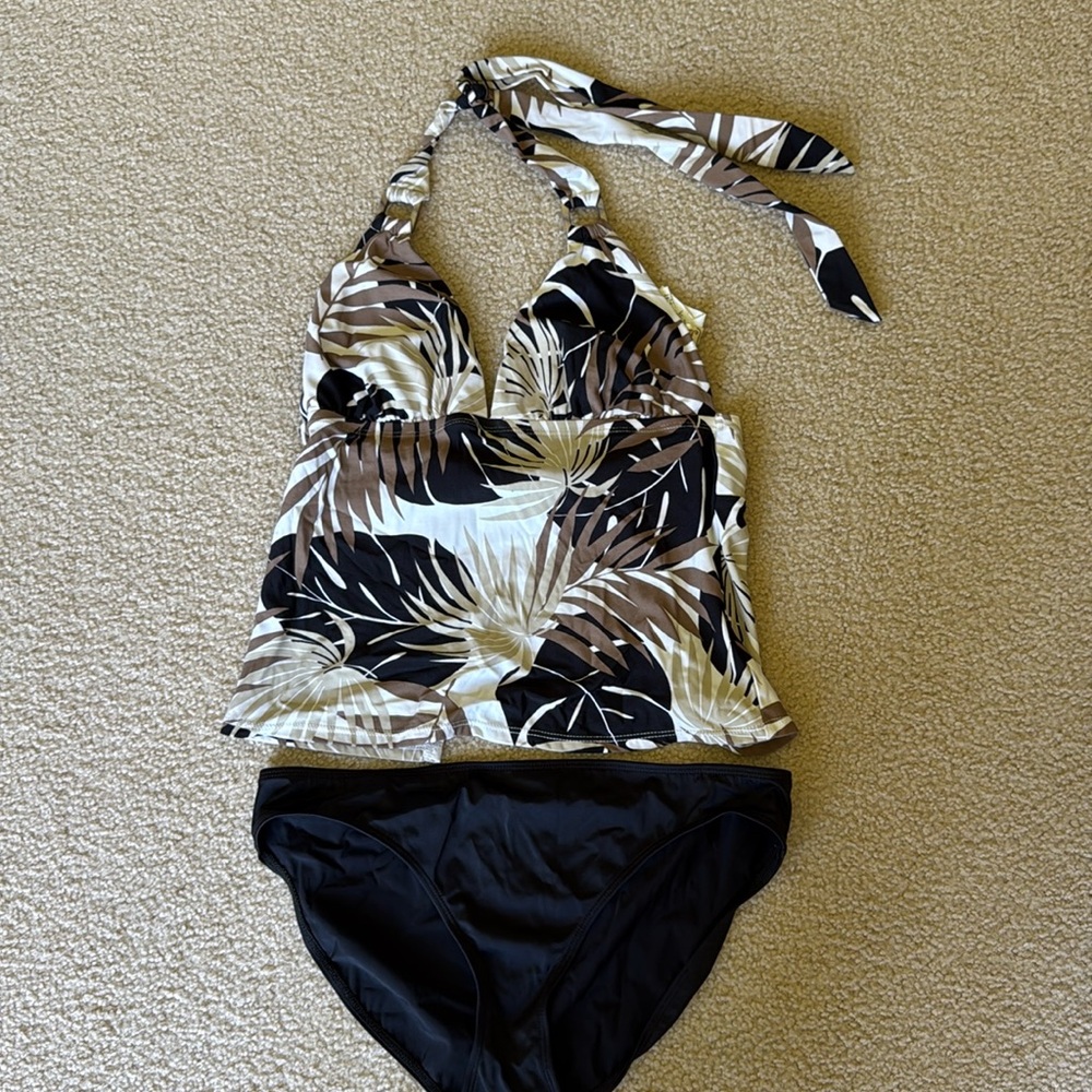 Leilani tankini. Black bottoms with a halter top.
